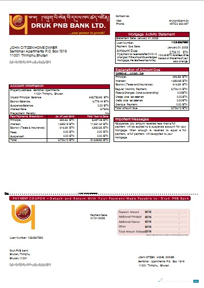 Download Bhutan Druk PNB bank mortgage statement scr Photoshop template